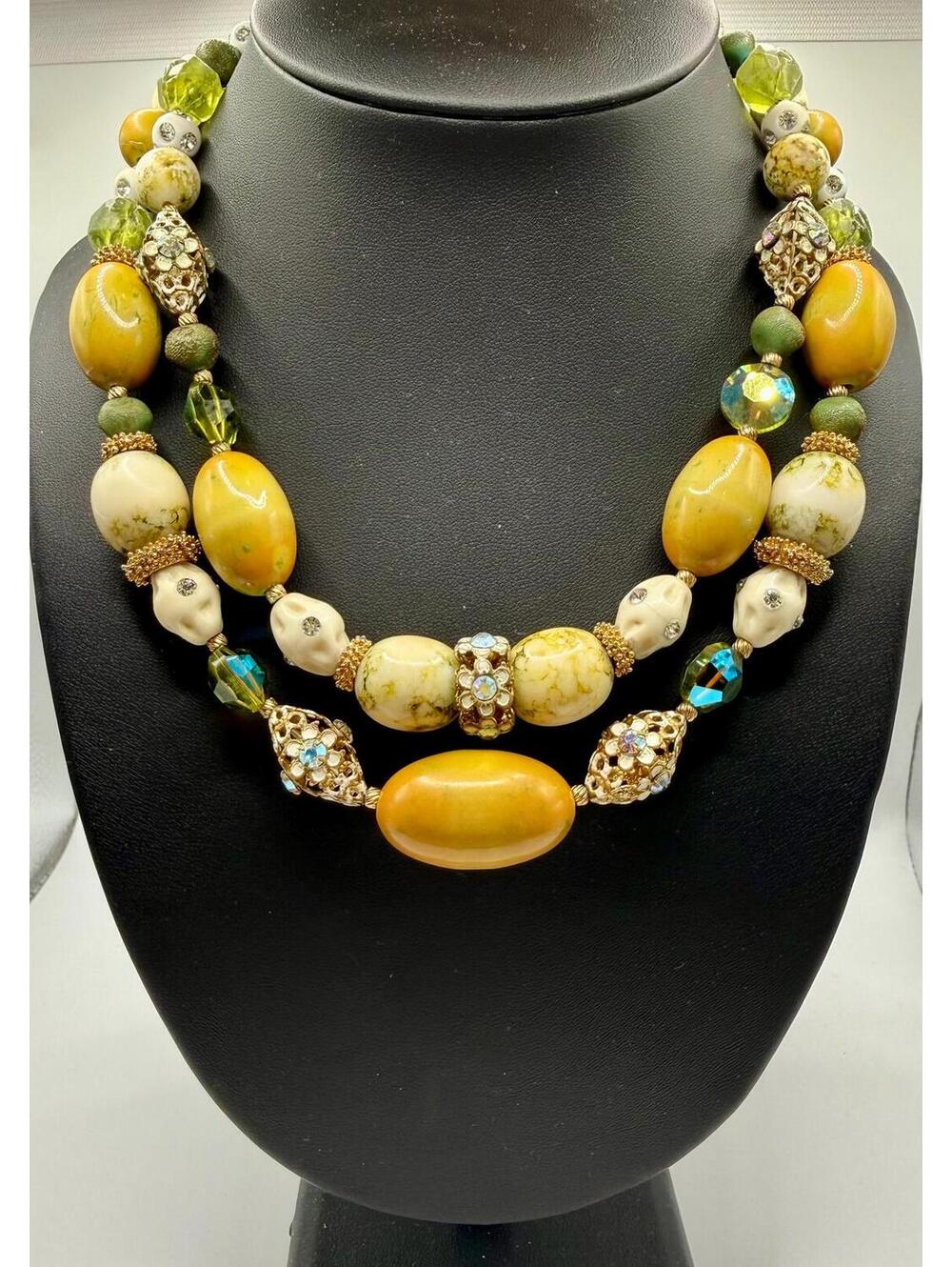 Signed Alice Caviness Necklace | Yellow Green Czech Glass Statement Beads